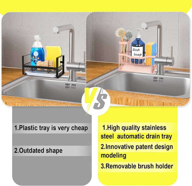 Fssvcd Maifan Sink Caddy Sponge Holder for Kitchen with Brush Holder and Stainless Steel Self Drain Tray, Rustproof Kitchen Sink Organizer for Sponge, Soap Dispenser Storage Accessories Pinky White - Image 4